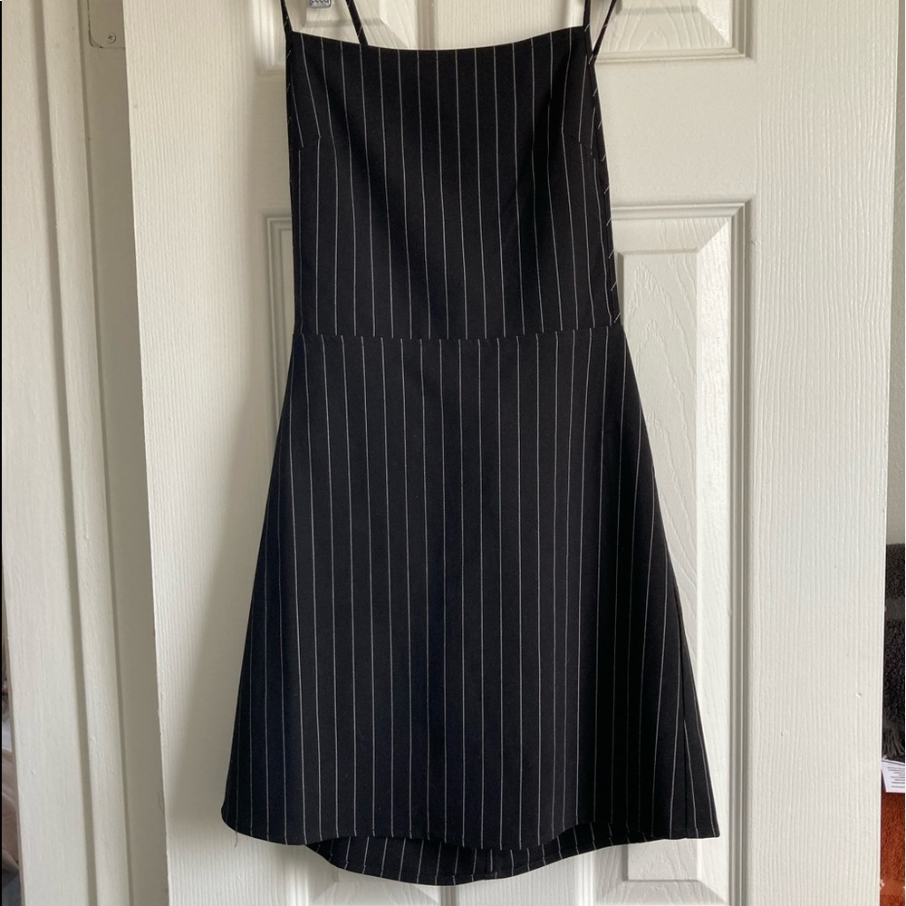 Backless black, pinstripe dress!